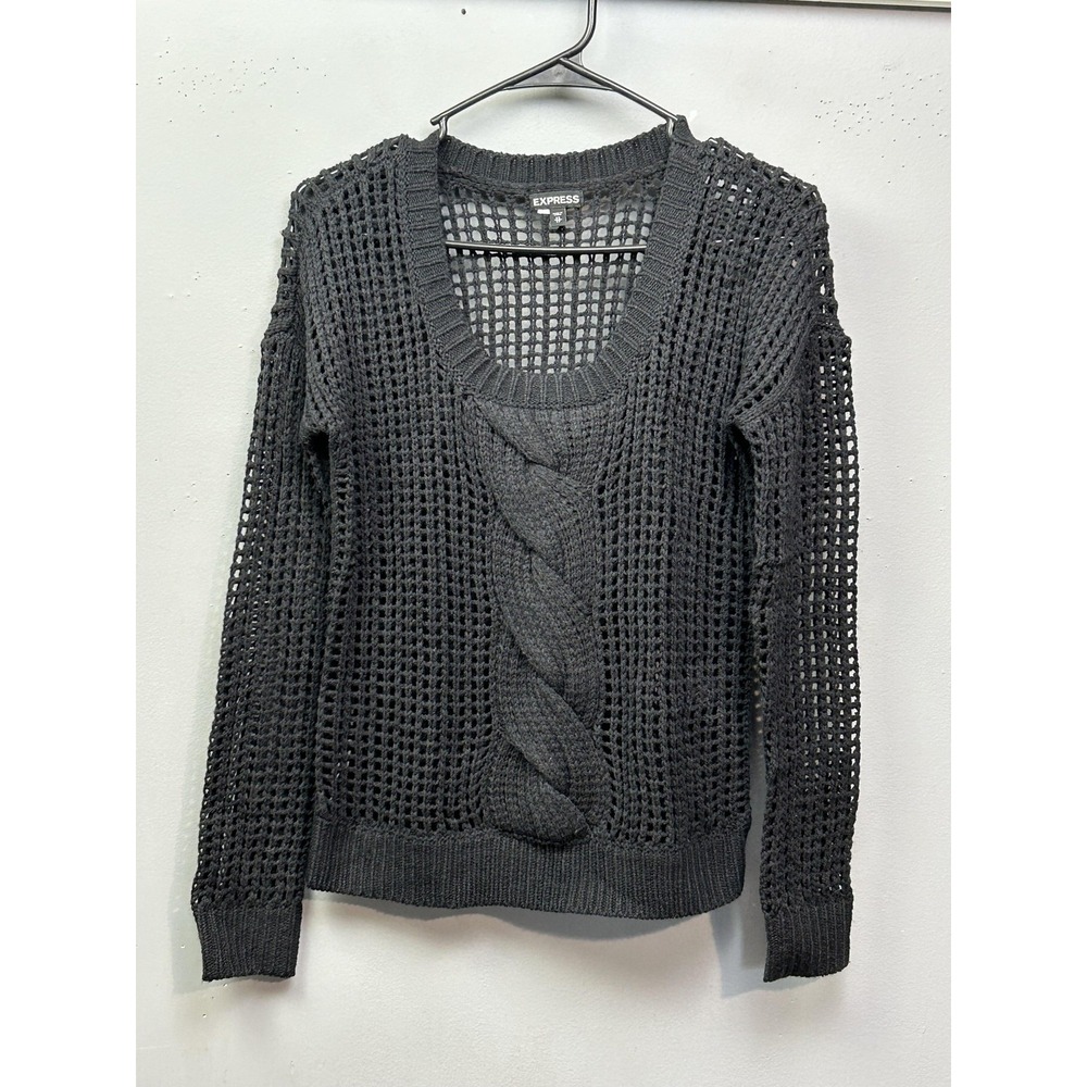 Express Sweater Womens XS Gray Open Knit Scoop Neck‎ Cable Pullover Lightweight